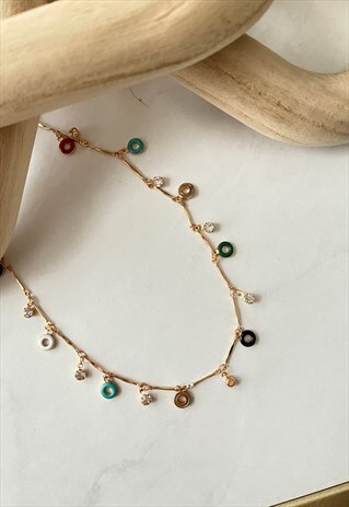 GOLD CHARM MULTICOLOURED BEAD DAINTY PENDANT NECKLACE
