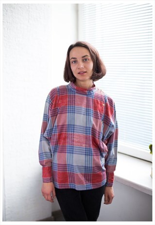 VINTAGE 80'S CHECKED HIGH COLLAR LONG SLEEVED BLOUSE