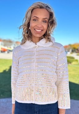 Sequined Cardigan with Faux Fur Trim