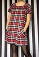 Vintage 80s tartan red mini dress, puff short sleeves, UK10