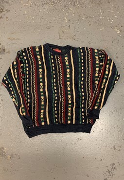 Vintage Abstract Knitted Jumper 3D Patterned Grandad Knit