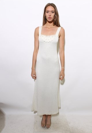 VINTAGE 1960'S 60'S MISS DOLPHIN WHITE CROCHET KNIT GOWN S-M