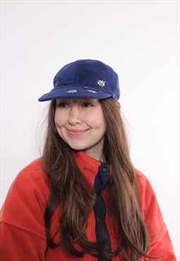90s fleece blue cap, vintage winter fleece cap, Swiss flower