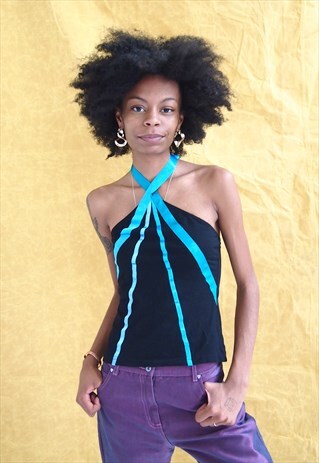 BLACK HALTER BLUE STRIPES TOP