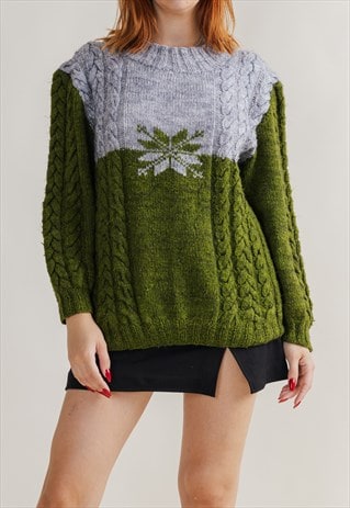 Vintage Nordic Green& Grey Roundneck Wool Jumper Unisex L