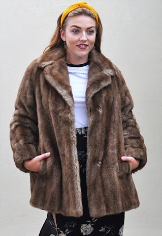 VINTAGE BROWN FAUX FUR JACKET / COAT