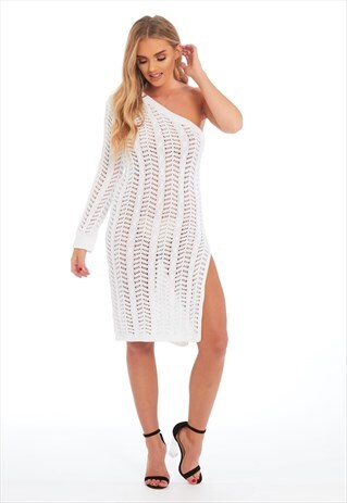 WHITE CROCHET ONE SHOULDER MIDI DRESS