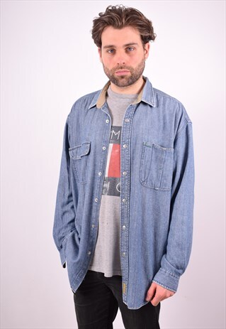 TOMMY HILFIGER MENS VINTAGE DENIM SHIRT LARGE BLUE 90S