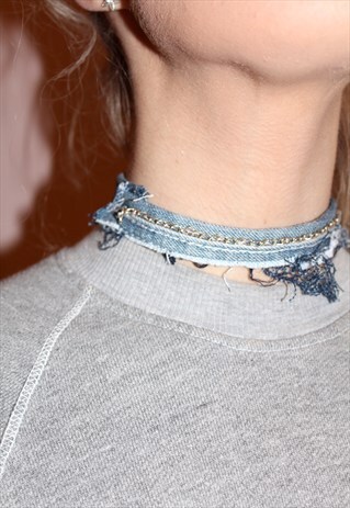 90S VINTAGE UNIQUE DENIM CHOKER WITH GOLD CHAIN HIPSTER