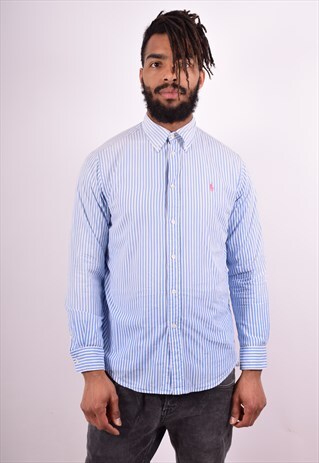RALPH LAUREN MENS VINTAGE SHIRT MEDIUM BLUE STRIPES 90S