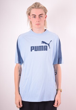 PUMA MENS VINTAGE T-SHIRT TOP LARGE BLUE 90S