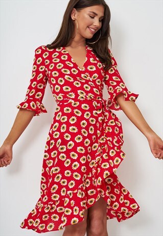 AERIN RED FLORAL WRAP DRESS