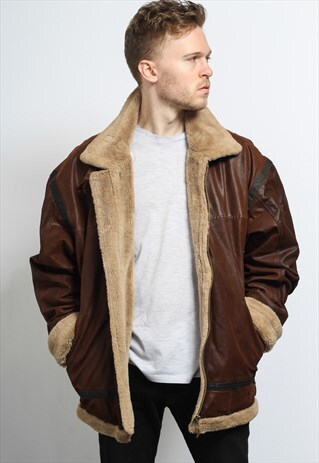 VINTAGE LEATHER AVIATOR FLEECE SHEEPSKIN JACKET COAT
