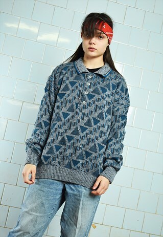 VINTAGE 80S MOD ABSTRACT PATTERN KNIT JUMPER PULLOVER