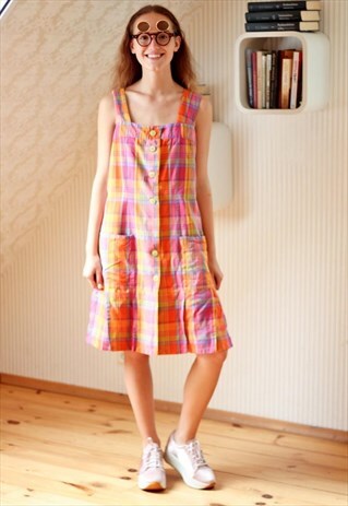 BRIGHT ORANGE CHECKED COTTON DRESS