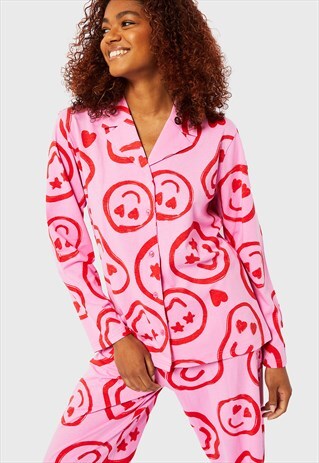 Happy Face Pyjama Set in Pink & Red