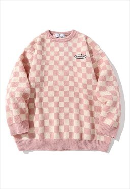 Check print knitwear jumper checkerboard top in pink