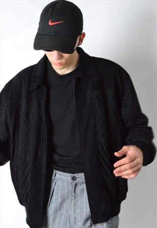 VINTAGE 90S BLACK MINIMALIST LEATHER WOOL MIX BOMBER JACKET