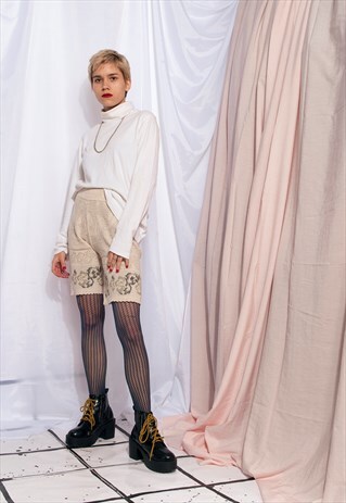 VINTAGE KNIT SHORTS 80S HIGH-WAISTED BEIGE PANTS