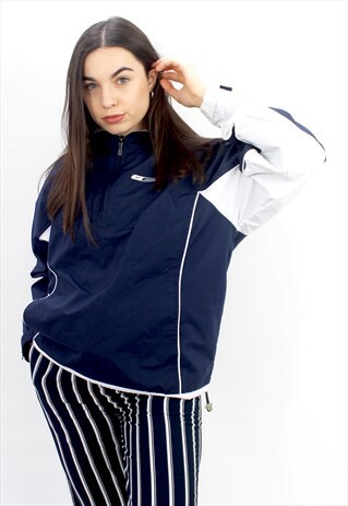 90'S RETRO NAVY & WHITE HOODED JACKET