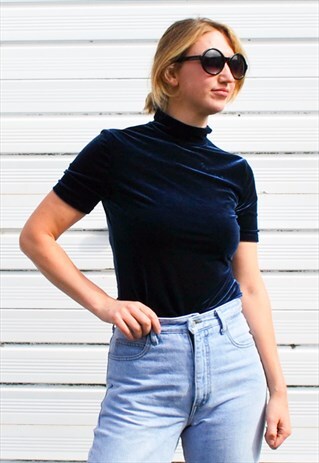 VINTAGE 90S BLUE VELVET HIGH NECK TOP