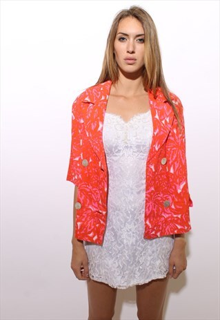 VINTAGE 1960'S 60'S NEON CORAL FLORAL LINEN BOXY JACKET M-L