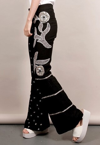 VINTAGE 90'S BLACK SEQUIN APPLIQUE HIGH-WAISTED FLARES