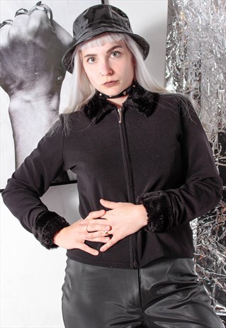 90S GRUNGE Y2K GOTH BLACK CROP BLAZER JACKET FAUX FUR CUFFS