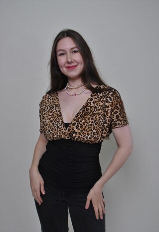 Y2K LEOPARD BLOUSE, EVENING SEXY V-NECK TOP SMALL SIZE PARTY