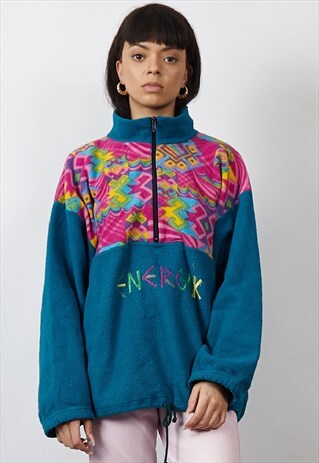 VINTAGE 80'S TEAL/MULTICOLOUR QUARTER-ZIP FLEECE
