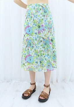 90s Vintage Multicoloured Floral Midi Skirt