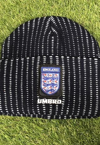 VINTAGE UMBRO ENGLAND FC BEANIE IN NAVY BLUE WITH EMBROIDERE