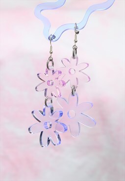 Flower power double drop hook earrings in pink & purple tint