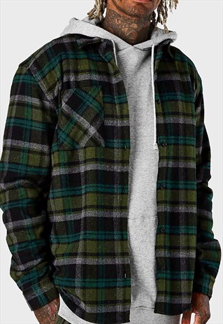 54 FLORAL CHECKED OVER SHIRT & HOODY SET - GREEN/GREY