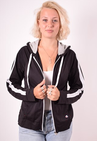 CHAMPION WOMENS VINTAGE HOODIE JACKET LARGE BLACK 90S