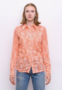 Vintage 70's Funky Neon Orange Blouse Shirt Button Up Disco 