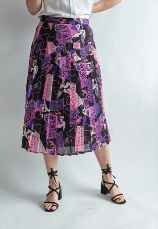VINTAGE 70S ABSTRACT ARTSY MIDI PLEATED SKIRT