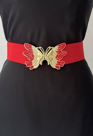 70'S VINTAGE RED BUTTERFLY ELASTIC ENAMEL ICONIC BELT