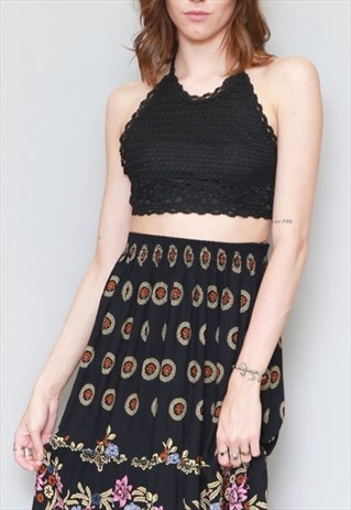 VINTAGE 1990'S RENE DERHY BLACK CROCHET HALTER CROP TOP