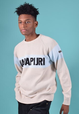 VINTAGE NAPAPIJRI BEIGE AND BABY BLUE KNITTED JUMPER