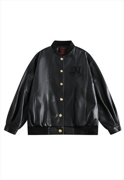 Faux leather varsity jacket retro wash PU bomber in black