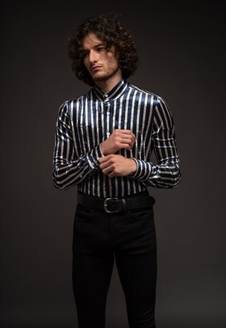 MENS NAVY & WHITE STRIPPED MOD VELVET 60S KAFTAN SHIRT