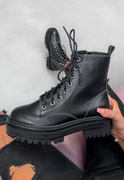 Chunky Platform Ankle Boots - Black PU