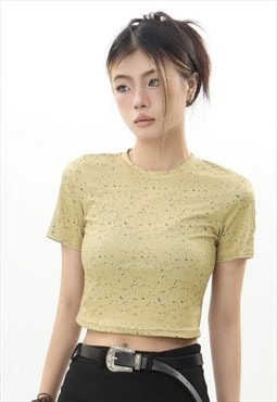 Paint splatter crop top dot print t-shirt grunge top yellow