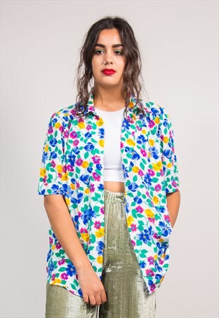 90'S VINTAGE BRIGHT FLORAL PATTERN SHIRT BLOUSE
