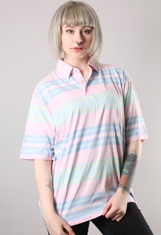 VINTAGE PASTEL STRIPED 80'S POLO SHIRT LARGE
