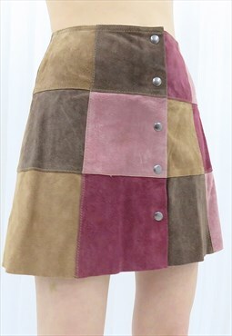 60s / 70s Vintage Pink & Brown Suede Patchwork Mini Skirt