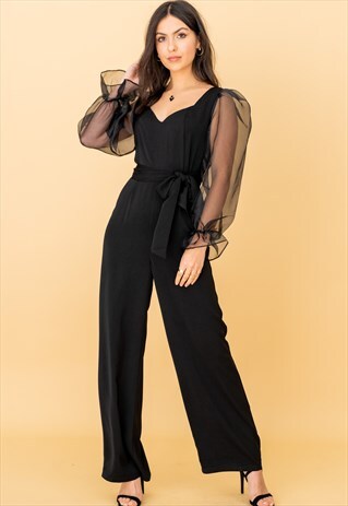 SIDE TIE ORGANZA SLEEVE JUMPSUIT IN BLACK