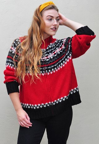 VINTAGE RED NORDIC ICELANDIC OVERSIZED PATTERNED CARDIGAN