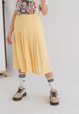 Vintage 60s High Waist Pleated Wool Midi Skirt in Yellow S